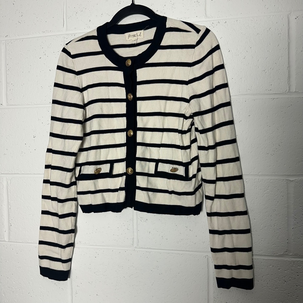 Marled Women Striped Cardigan Sweater White Black Gold‎ Crest Buttons Small prep